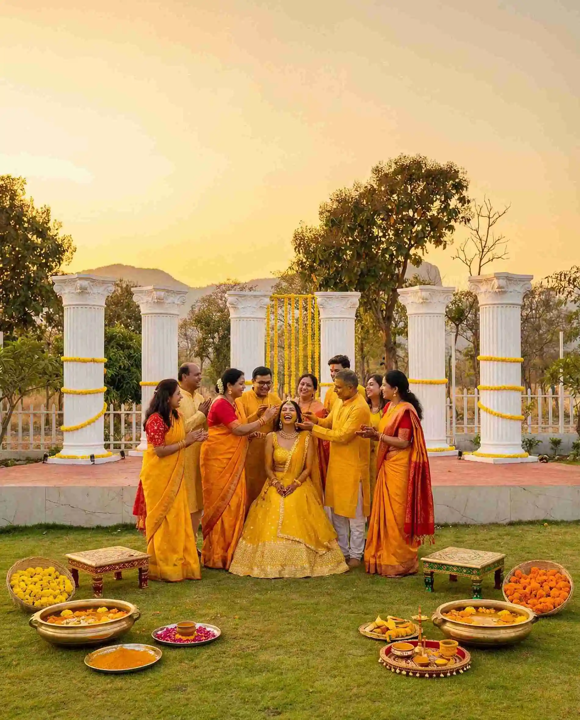 Outdoor haldi ceremony at a garden wedding venue in Coimbatore with traditional decor and floral arrangements
